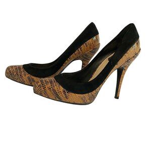 CHRISTIAN DIOR BROWN SNAKE EMBOSSED LEATHER BLACK SUEDE STILETTO HEEL PUMPS - 38